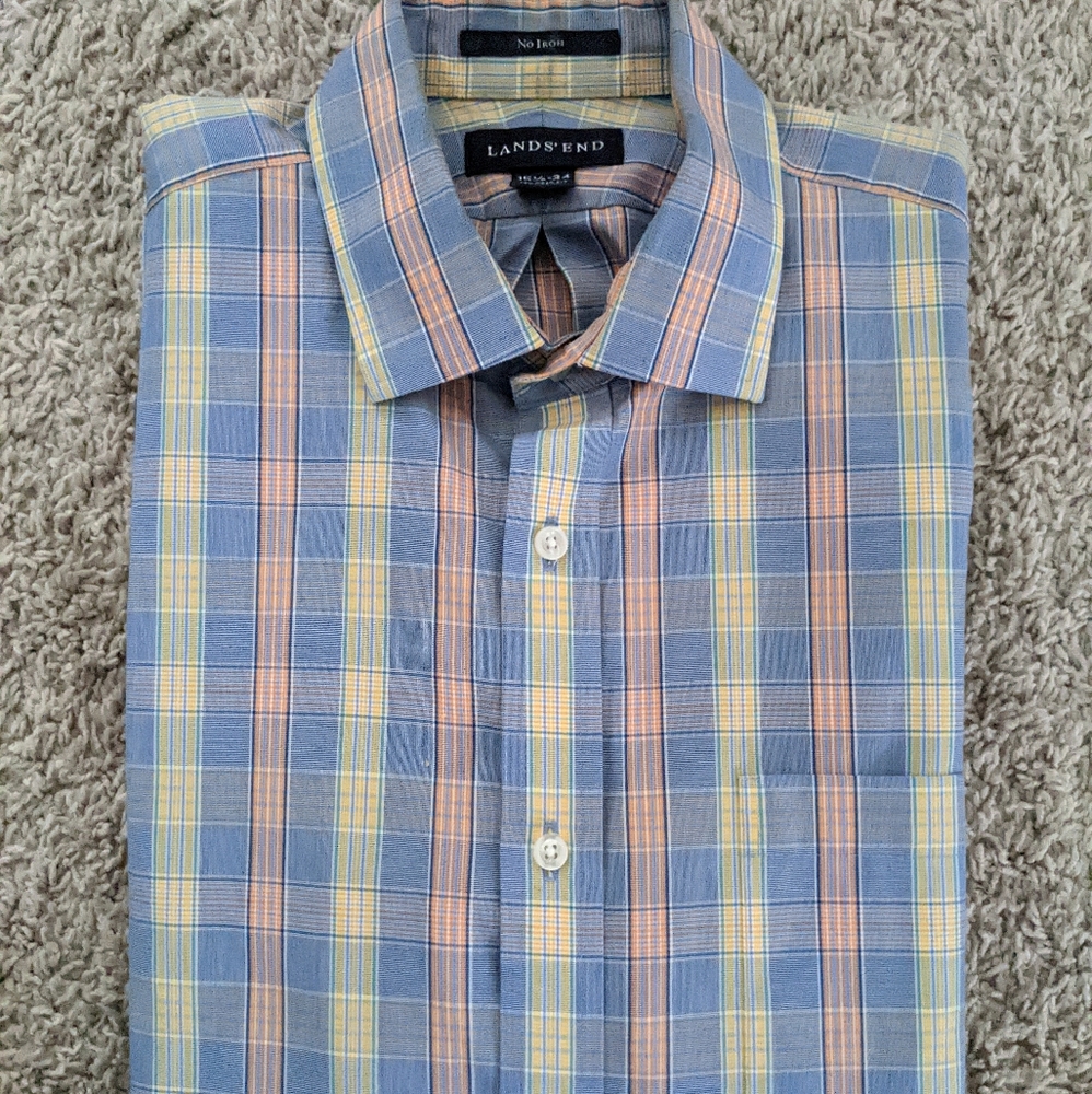 Lands' End No Iron Tailored Fit Button Down Blue Pink Dress Shirt 15.5 x 34